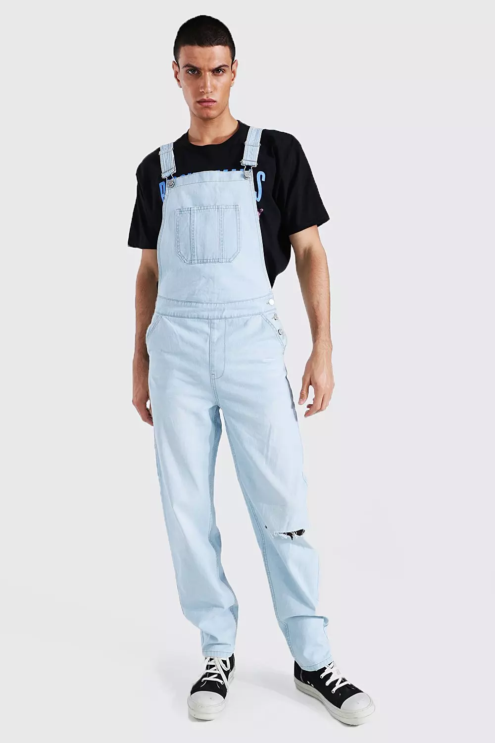 Relaxed Fit Knee Slash Long Overalls | boohooMAN USA